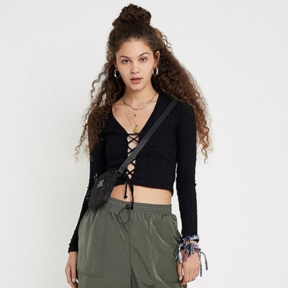 UO Lattice Tie-Front Long-Sleeve Top